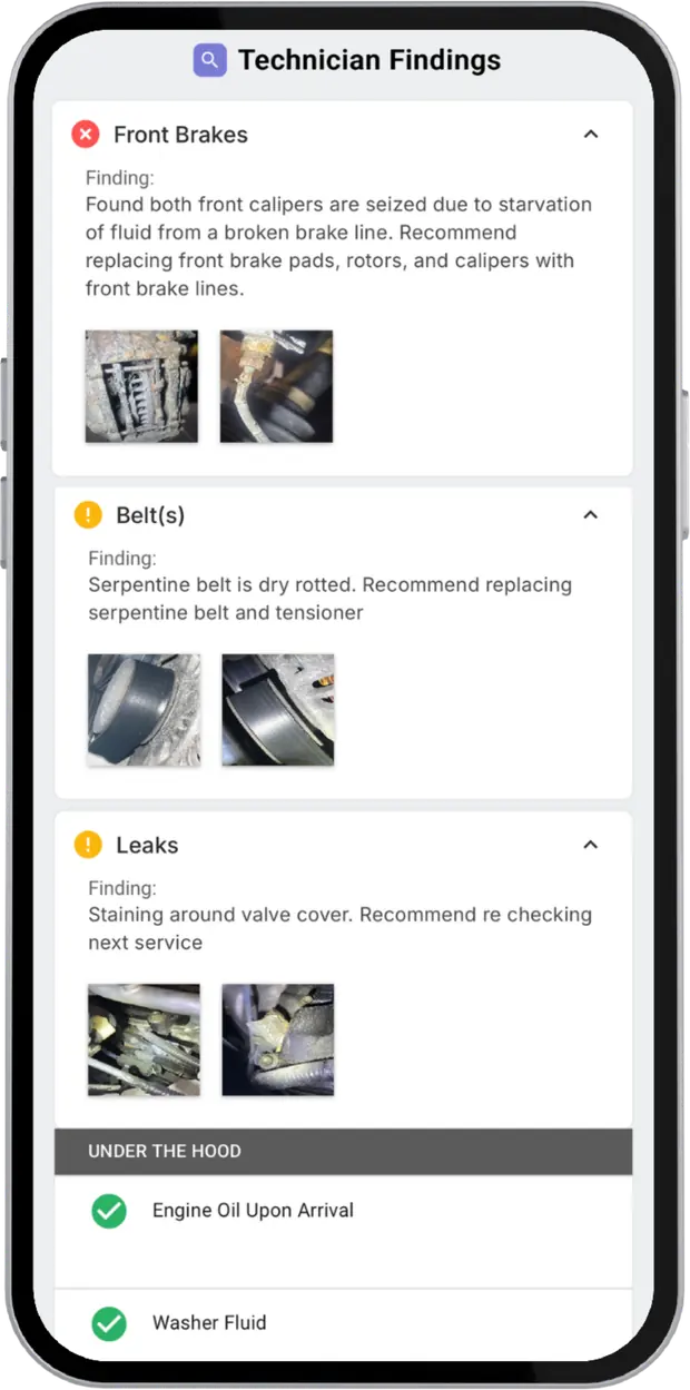 A phone showing a Precision digital inspection with photos of what the technician found